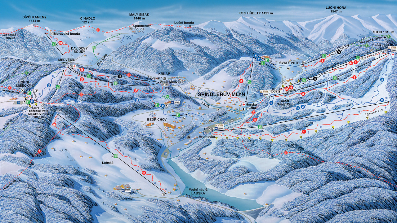 Mapa tras narciarskich w Szpindlerowym Młynie Mapa tras narciarskich w Szpindlerowym Młynie